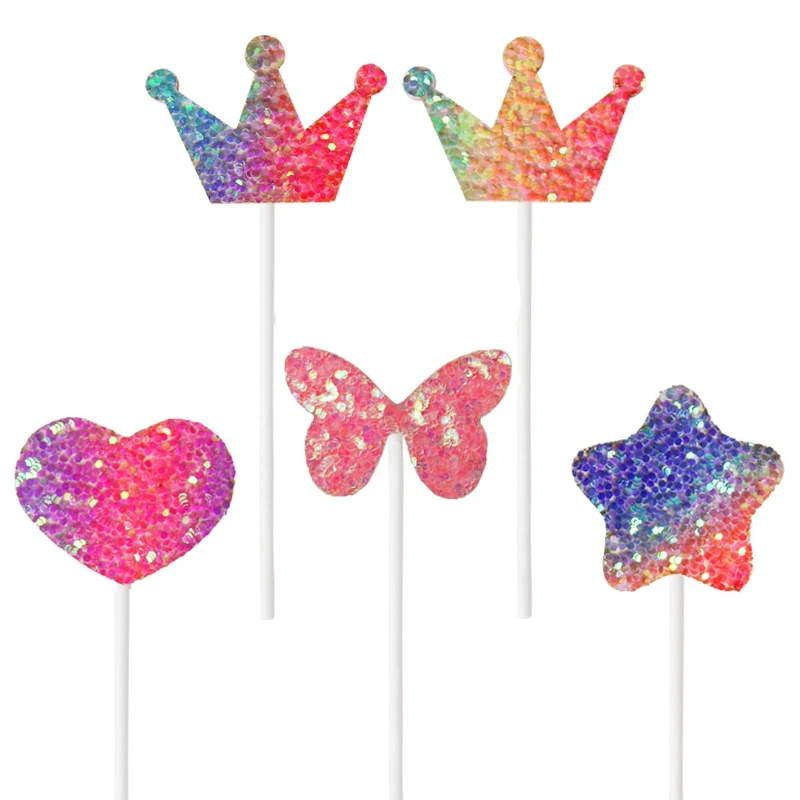 

5PCs Rainbow Heart Flash Stars Butterfly Crown Cake Topper wedding birthday party Cake Decoration supplies cake flag