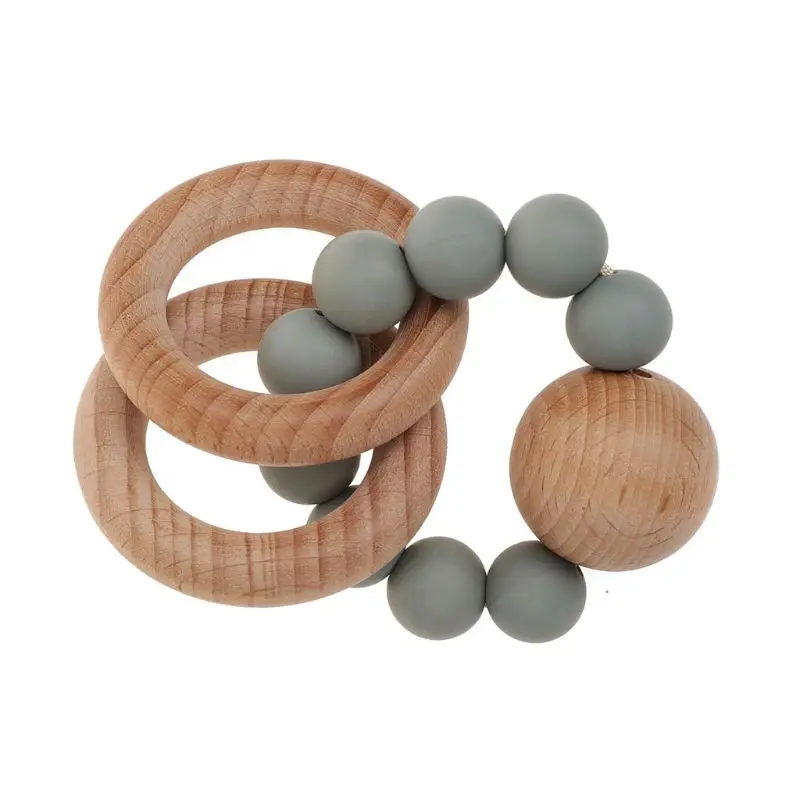 

Baby Rattle Bracelet BPA Free Silicone Teether Organic Wooden Ring Teething Toy 95AE