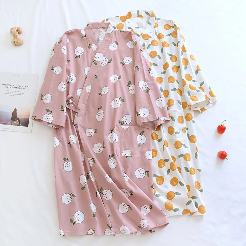 

Fresh Fruits simple Japanese kimono robes women 100% Gauze cotton Summer casual long sleeve women bathrobes