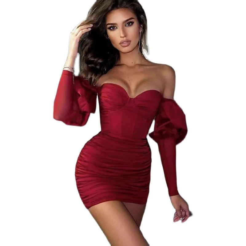 

Sexy Bandage Dress Puff Sleeve Bodycon Women V Neck Mini Dress Nice New Autumn Club Celebrity Elegant Party Dresses