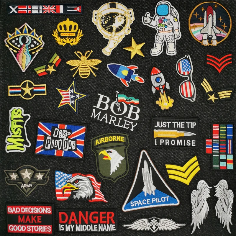 

New Fashion 2021 Military Army Space Embroidery Patches for Clothing Rocket Astronaut Flag Sewing Badges Rock Golden Hook Badge