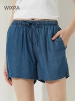 wixra solid tencel denim shorts womens drawstring loose pockets high waist casual streetwear summer hot