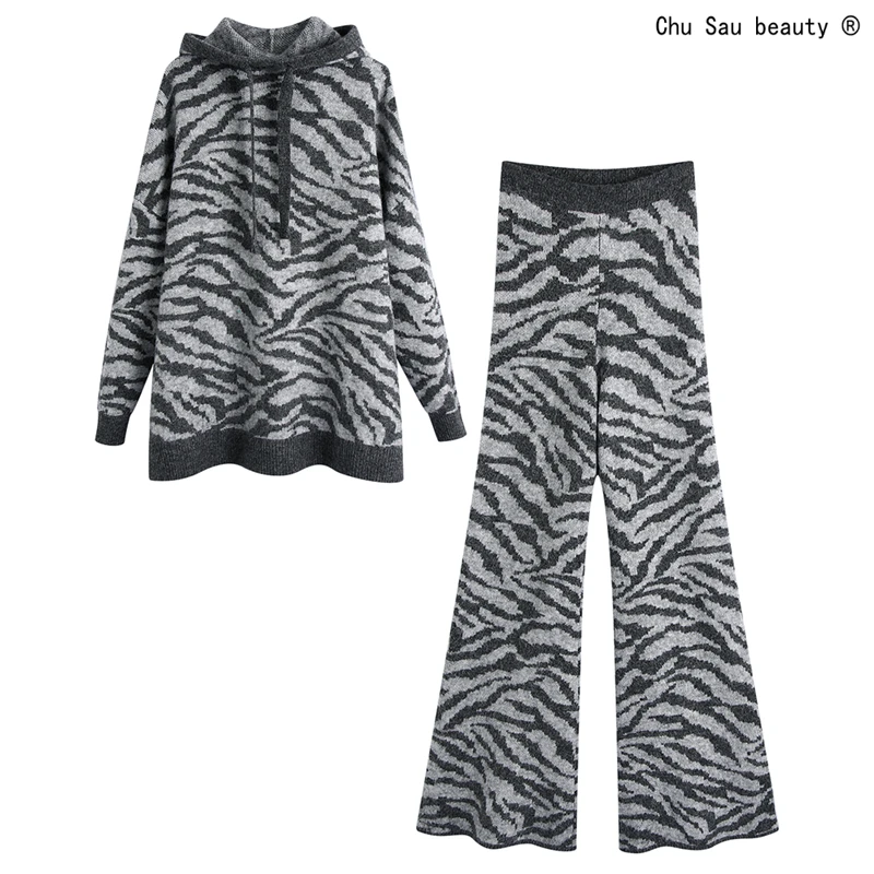 

Женский трикотажный свитер с капюшоном, повседневный Свободный пуловер из смеси шерсти с узором зебры в винтажном стиле, Осень-зима 2021