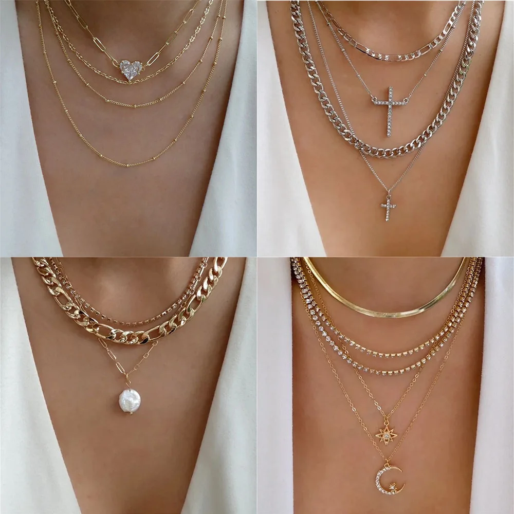 

Classic Gold Multilayered Necklace for Women Vintage Silver Color Geometric Round Pendant Necklaces Butterfly Choker Jewelry