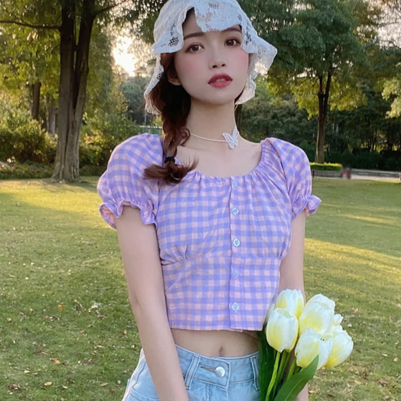 

Summer Plaid Female Shirt Square Collar Women Blouses Fashion Short Shirts Tops