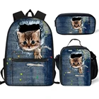 Джинсовый комплект для девочек-подростков, комплект школьных сумок с принтом милого кота, собаки, рюкзак и сумки для книг на заказ