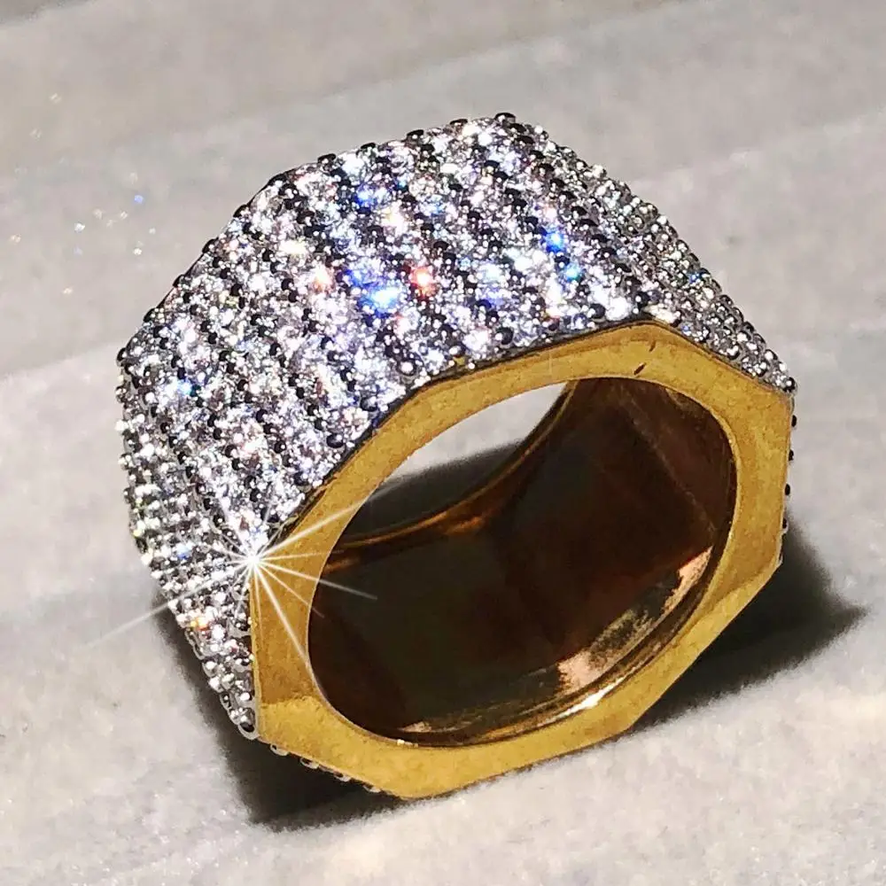 

Hip Hop Jewelry Real 925 Silver Rings for Women men octagonal nut Cocktail finger Shine tiles seven rows 420pcs stone GOLD ring