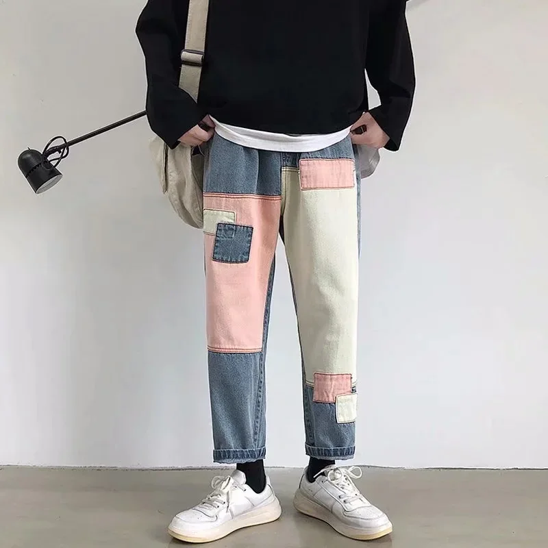 Patchwork Jeans Men's Mid Waist Baggy Jeans Boyfriend Hip-hop Denim Cropped Pants Loose Men Japanese Fashion Jogging Pants