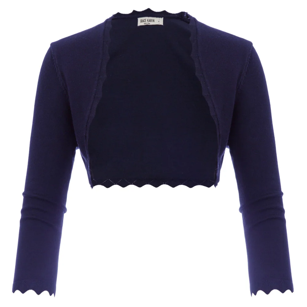 Navy Blue GK женские пальто с рукавом 3/4, с открытым передом, женские элегантные топы, одноцветные болеро с медальоном, вязанное Болеро для свадебной вечеринки - Цвет: Navy Blue