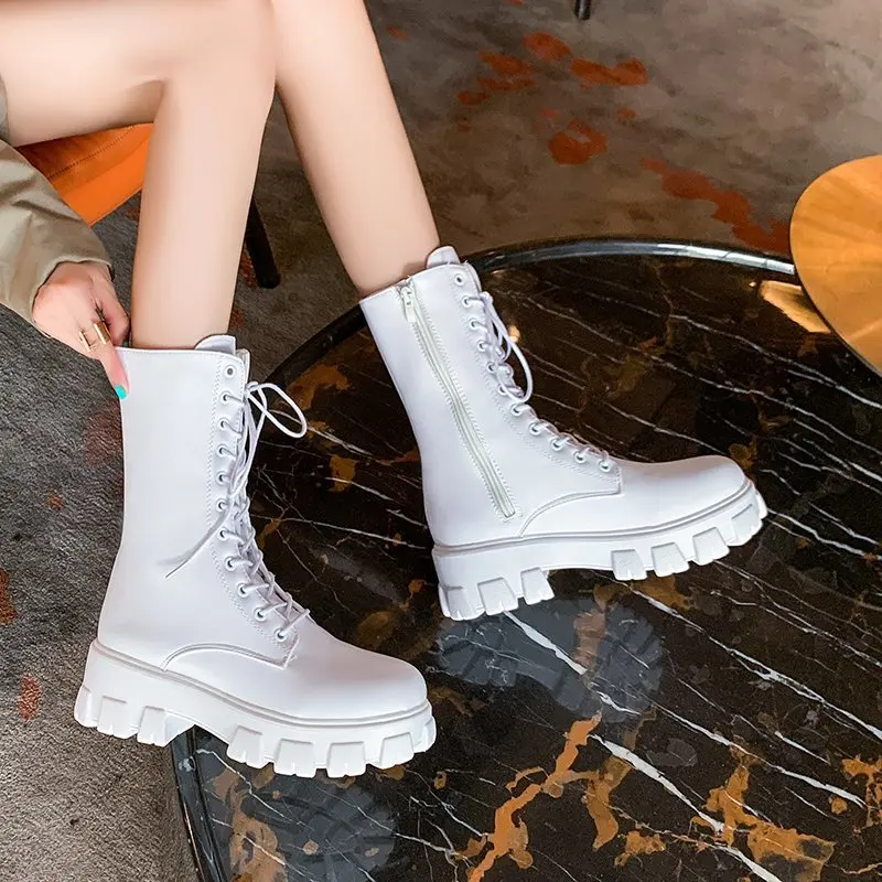 

2021 New Mid Calf Boots Women Autumn Winter Fashion Lace-up Zipper Botas Mujer Boots Sports Platform Heel Ladies Shoes