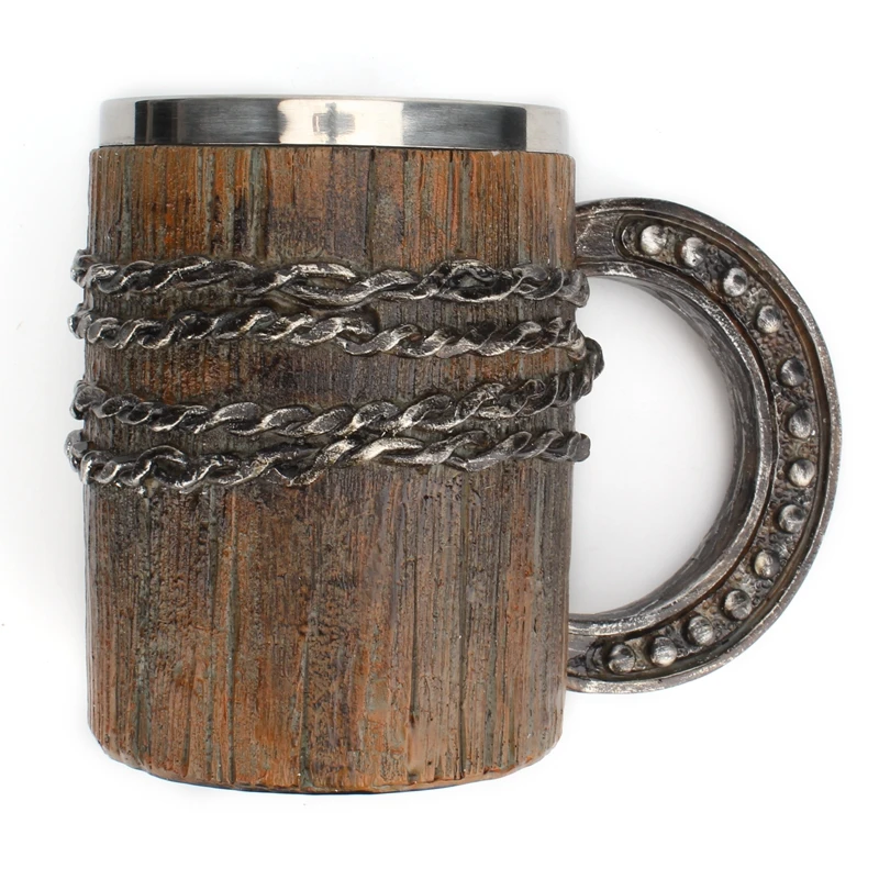 

600ML Stainless Steel Mug Beer Coffee Milk Drink Water Tea Horseshoe Chain Resin Mugs 3D Retro Knight Geeks Cups Gothic Man Gift