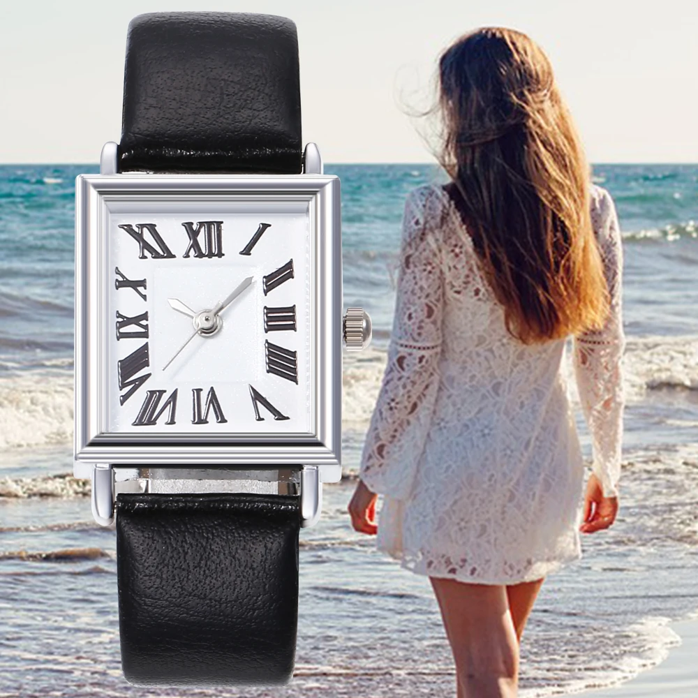 

Женские квадратные часы с римскими шкалами, простые повседневные романтичные часы с кожаным дизайнерским ремешком, женские часы под платье