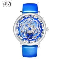 pb women watches rotatable flower butterfly crystal watch women leather strap quartz luxury brand reloj mujer montre femme