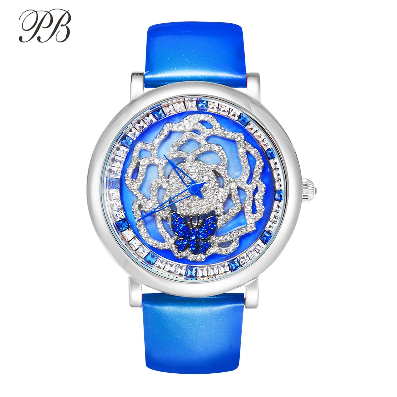 PB часы женские наручные с вращающимся цветком бабочка кристалл кожаный ремешок