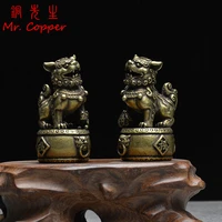antique copper 1 pair lions figurines miniatures bronze feng shui lion statue home decor accessories brass animal desk ornaments