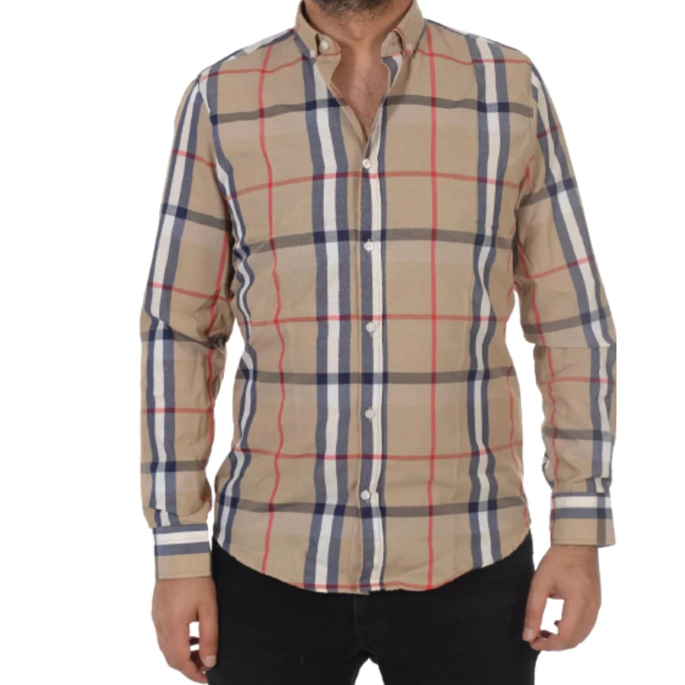 

2021 New Summer Men's Long Sleeve Shirt Plaid Beige Black Colors New Season Cotton Daily Wear Slim Fit