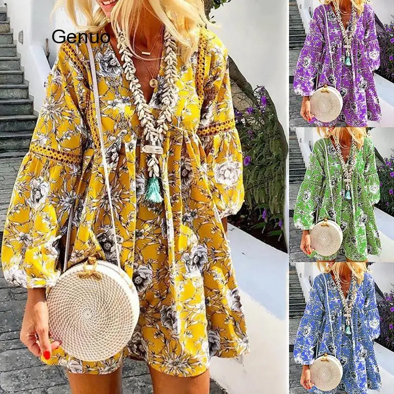 

Summer Casual Loose Dress Vintage Long Sleeve V-neck Boho Dresses Sundress Women Plus Size Clothings Robe Femme