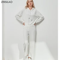 zhisilao pullover hoodies and sweatpants white tracksuits female casual two piece solid lounge wear autumn spring 2021