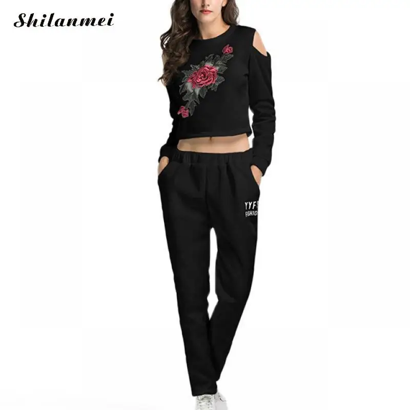 

Sexy Fashion Two Piece Suit Set Sportwear 2020 Spring Autumn Casual Set For Women Embroidered Rose Sweatshirt And Long Trousers