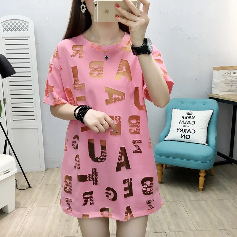 

Letter hollow short-sleeved t-shirt women 2021Mid-length summer perspective Mesh O-neck tshirt Loose Tops Korean Tees clothes