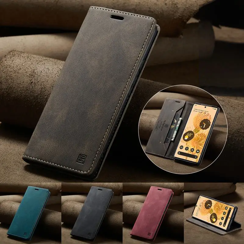 Кожаный чехол для Google Pixel 6 Pro Магнитный чехол-книжка с карманом карт и подставкой