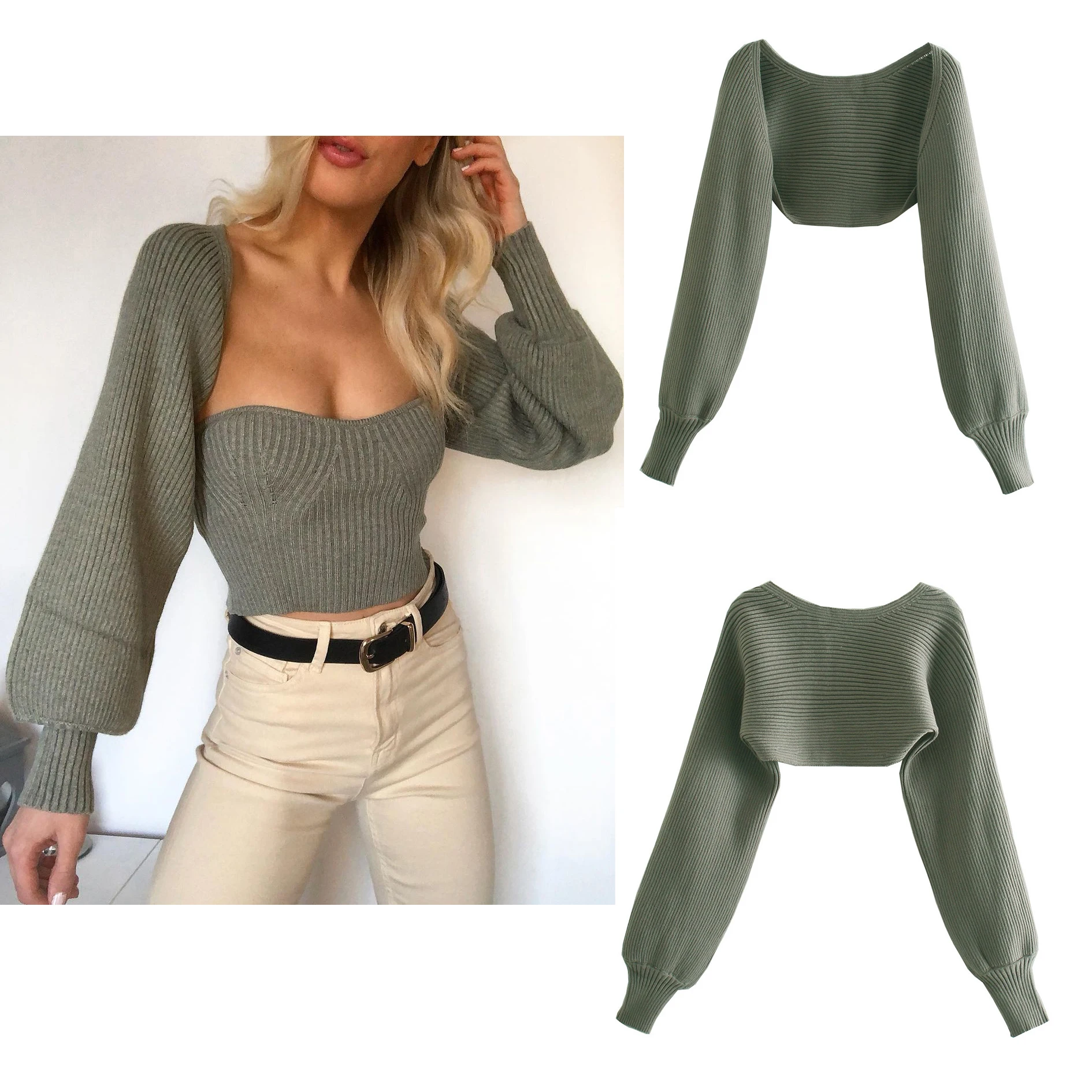 

Women's Open Front Bolero Shrug，2021 New Style Sexy Fashion Knitted BlouseSolid color Long Lantern Sleeve Shawl Cardigan