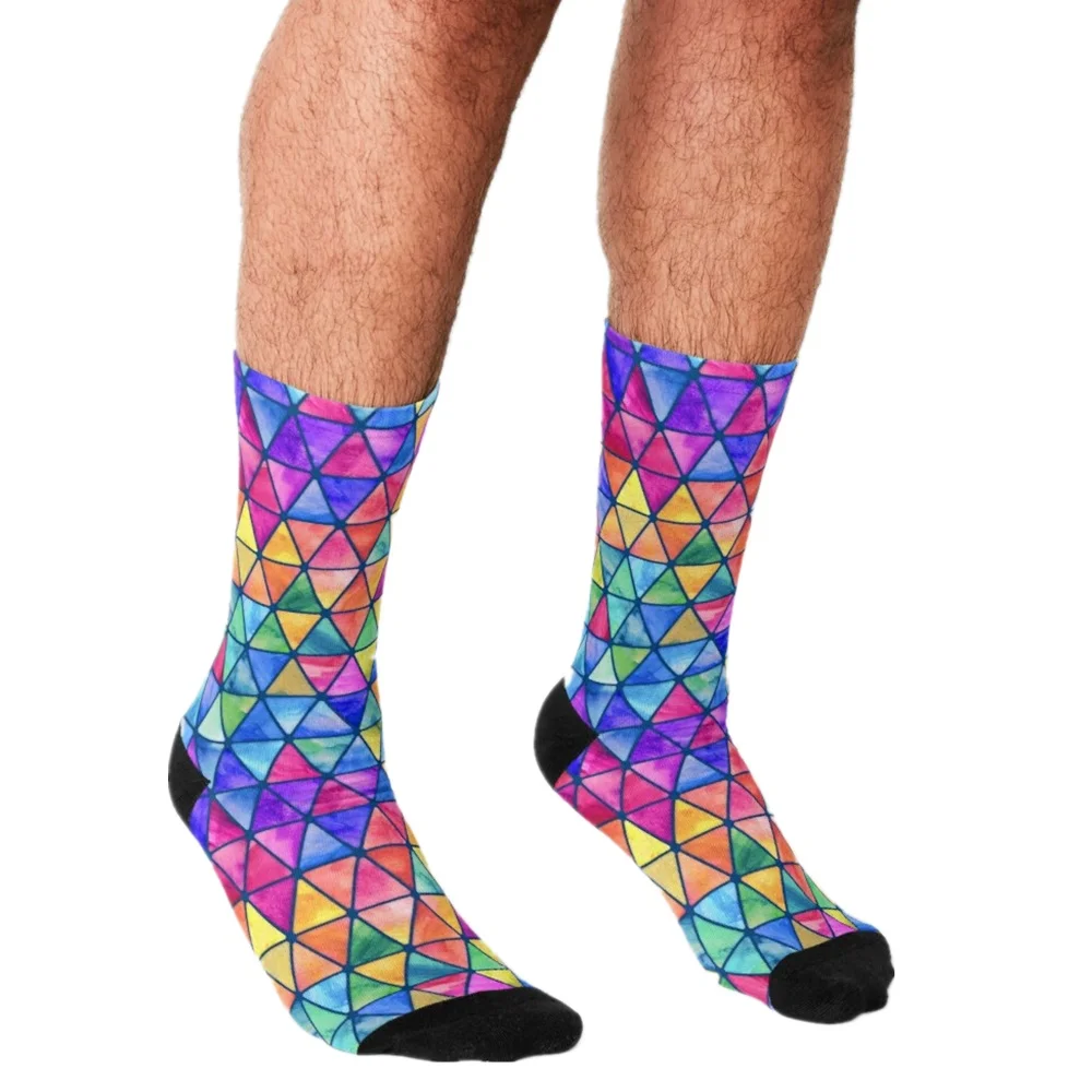 

Men Socks harajuku Rainbow Watercolor Triangles on White Printed Happy hip hop Novelty Skateboard Crew Casual Crazy Funny Socks