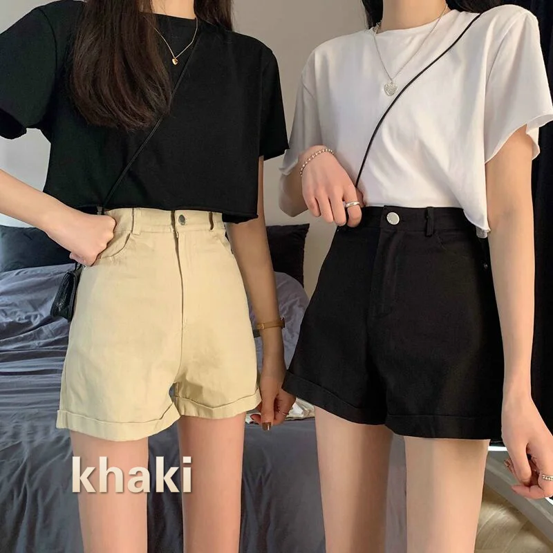 

Шорты женские джинсовые с завышенной талией, однотонные повседневные свободные штаны трапециевидного силуэта с широкими штанинами, в Коре...