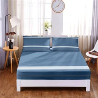 line pattern 3pc polyester solid fitted sheet mattress cover four corners with elastic band bed sheet2 pillowcases