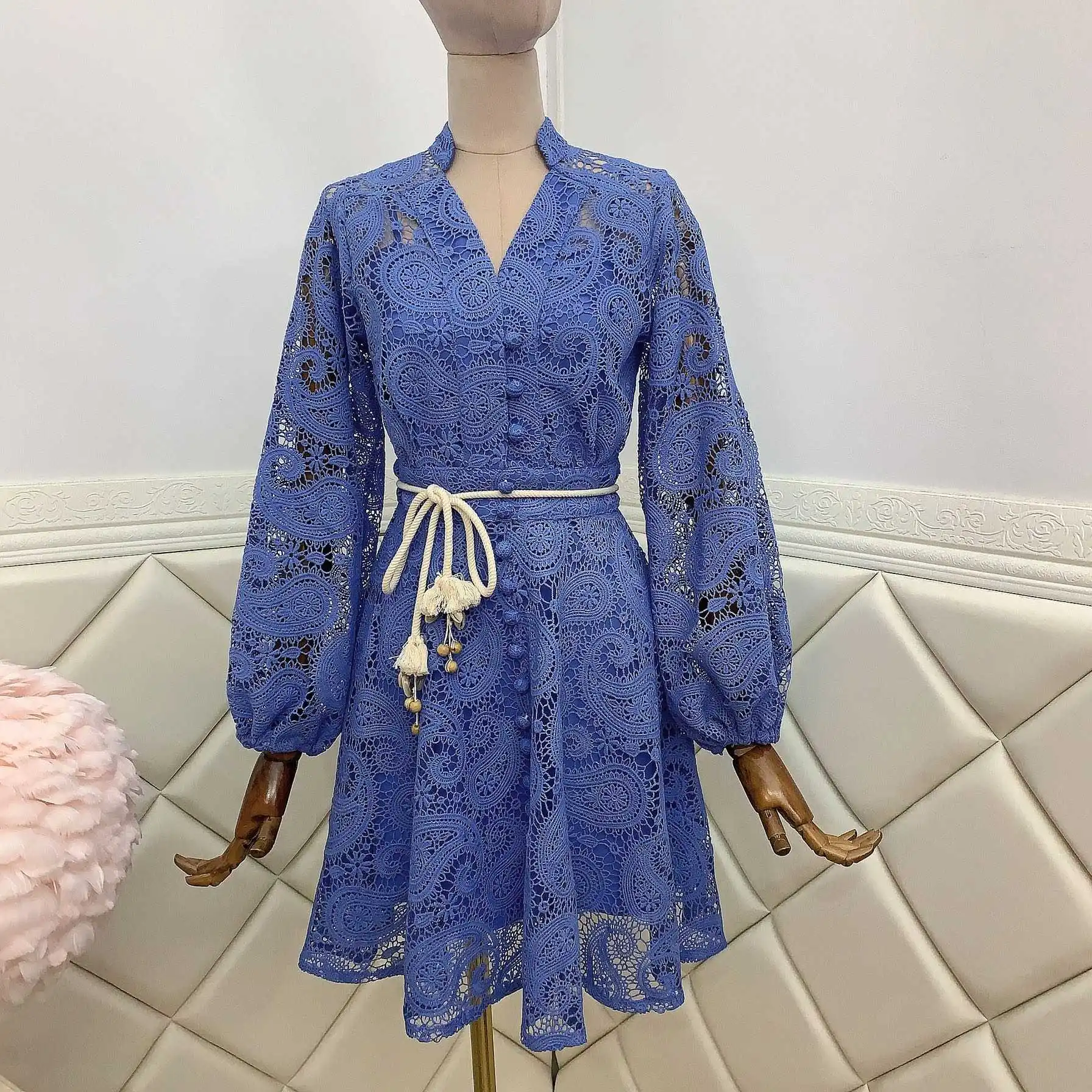

Lantern Sleeve Boho Dress Embroidery A-LINE Solid Blue Beach V Neck Single-Breasted Lace Hollow Out Belt Woman Dress 2021 Party
