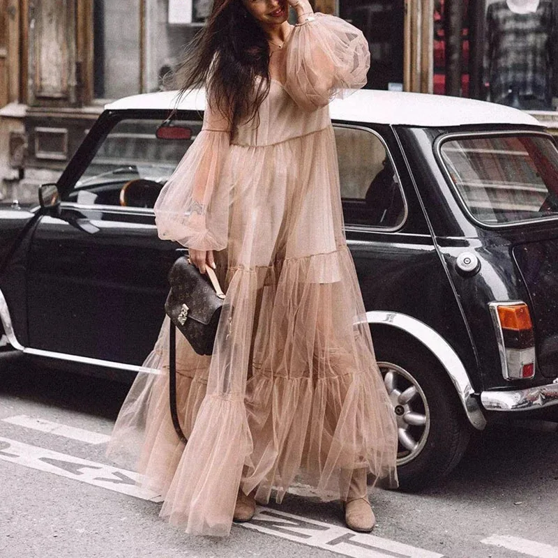 

2021 New Arrival XL Casual Dress Women Sexy Puff Sleeve V-Neck Loose Mesh Translucent Ladies Long Dresses Women Elegant