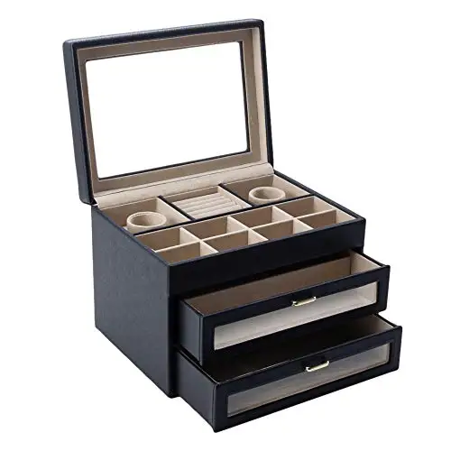 Joyero Se-Ora 3 Niveles con Tapa de Cristal Biselado y 2 Cajones. Organizador Joyas - Caja Hecha a Mano Color Negro CDM-00113 | Аксессуары