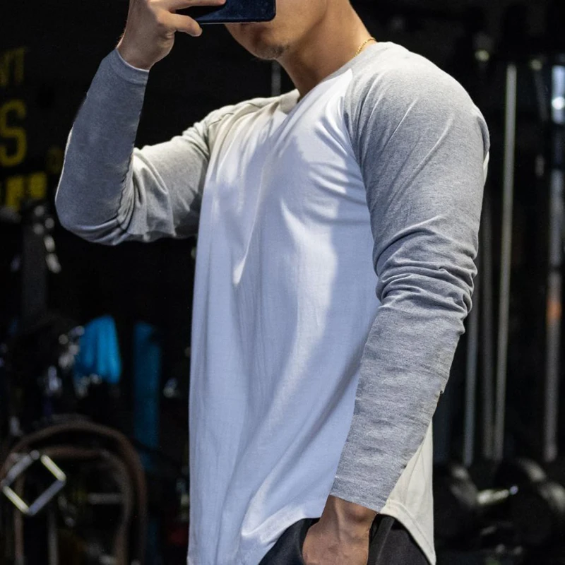 

Colour Matching Sport Casual Long Sleeve T-Shirt Men's Round Neck Fitness Breathable Trend Top Solid Colour Base Top
