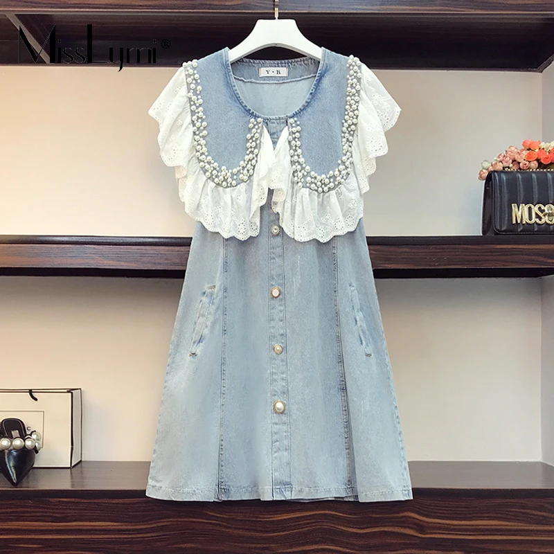 

L-4XL Large Size Women Summer Luxury Beaded Ruffle Lace Patchwork Denim Dresses 2021 Loose Sleeveless Female Sweet Short Dress