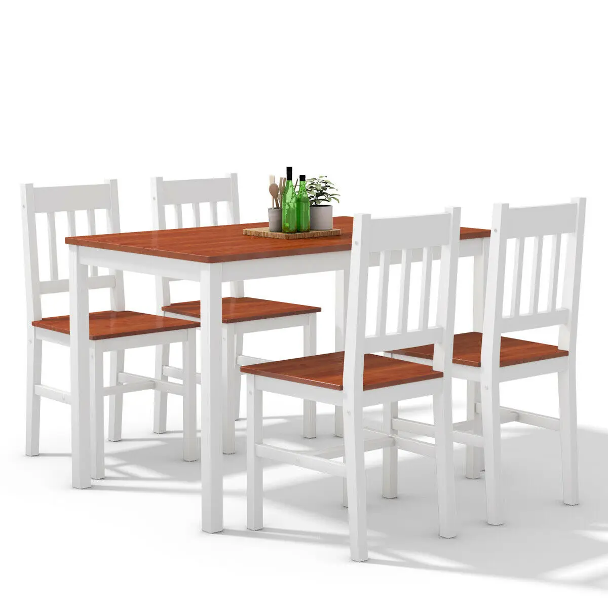 

Costway 5PCS Pine Wood Dinette Dining Set Table and 4 Chairs Home Kitchen Furniture
