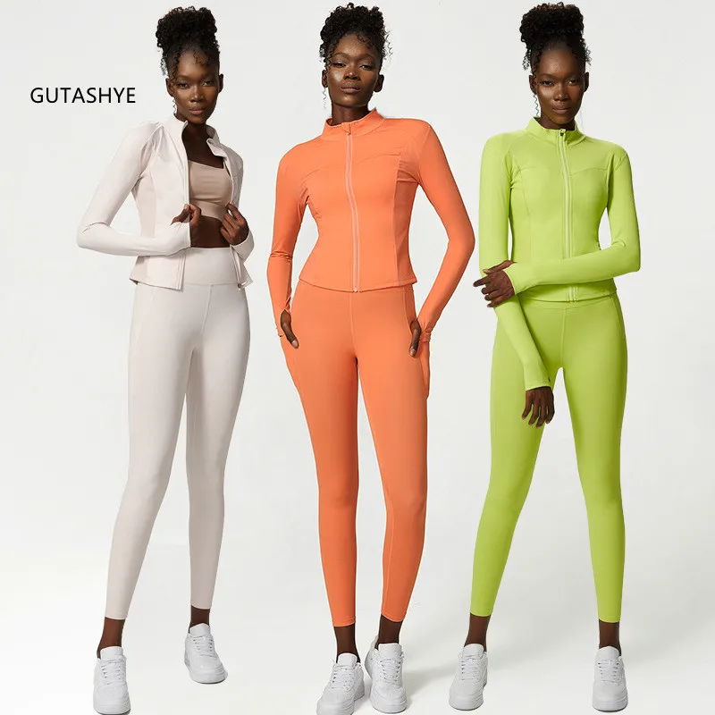 

2PCS Seamless Yoga Set Sexy Zipper Long Sleeve Drawstring High Waist Leggings Workout Cloth Athletec 2 Piece Sportwear Women Set