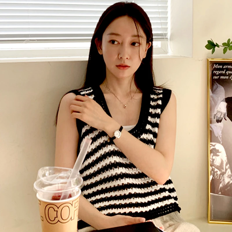 

Kimotimo Casual Striped Sweater Vest Women Korean Chic Minority U-neck Loose All-match Tank Top Summer Sleeveless Knit Waistcoat
