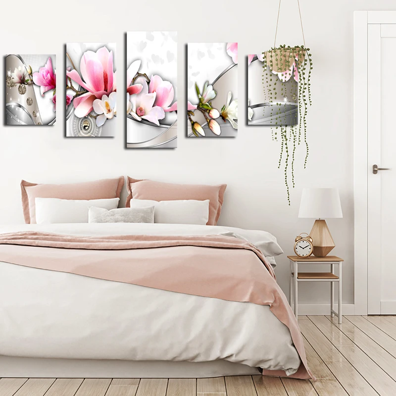 

Pink And White Flowers 5 Panels Modern Printed HD Abstract Paintings Magnolia Canvas Picture Home Decoration For Living Room