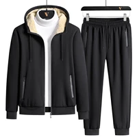 man korean handsome solid color cashmere leisure sports suit mens running suit hooded winter plush thickened warm two piece set