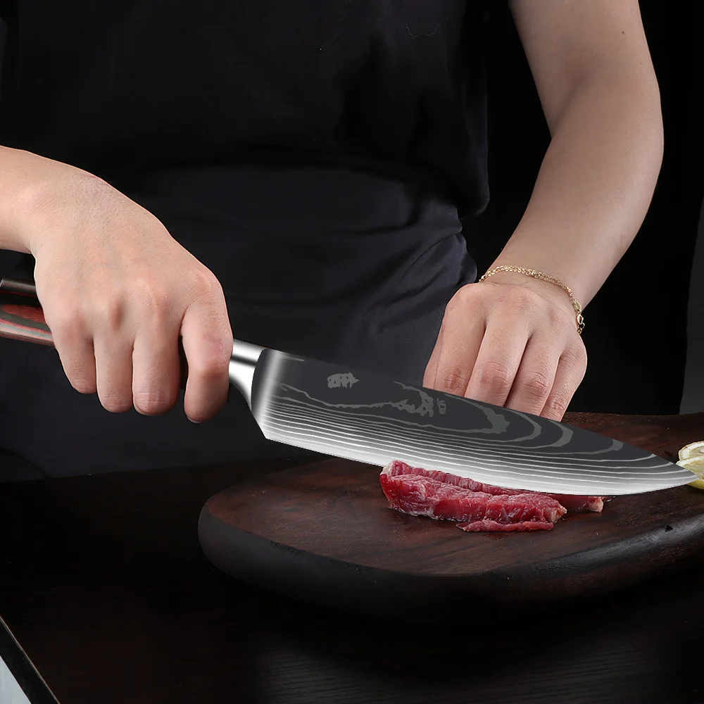 SANLEPUS Chef knife 3 PCS Set Kitchen Knives Laser Damascus Pattern Sharp Japanese Santoku Knife Cleaver Slicing Utility | Дом и сад
