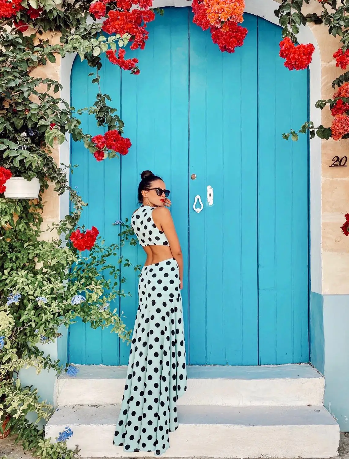 

KeyCouture Aqua Dots Deep V-Neck Cut Out Big Dots Strap A-Type Summer Maxi Dress LM82362