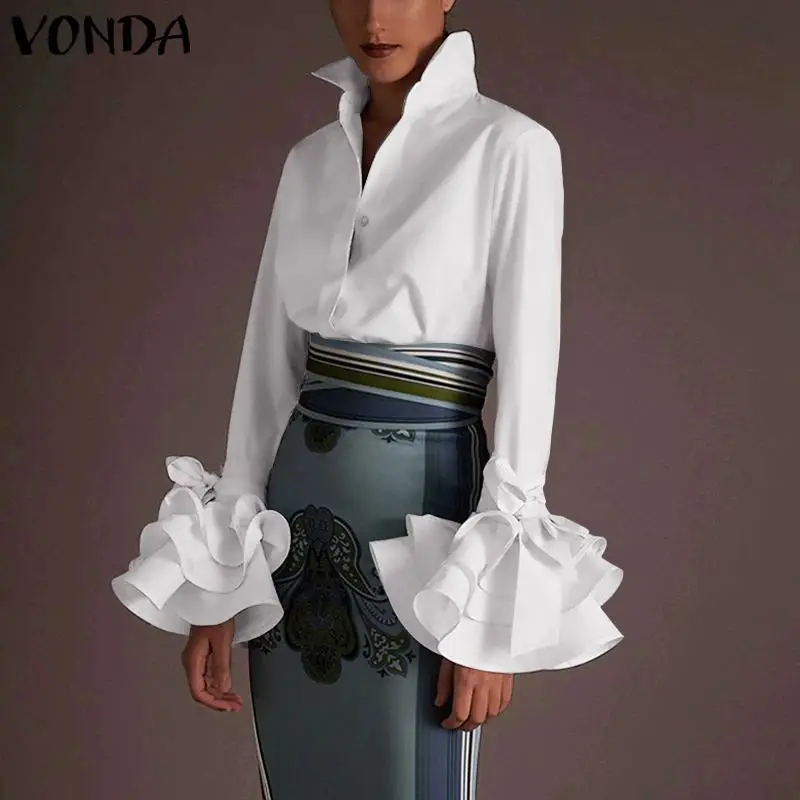Женская офисная блузка VONDA элегантная однотонная с отложным воротником и длинным