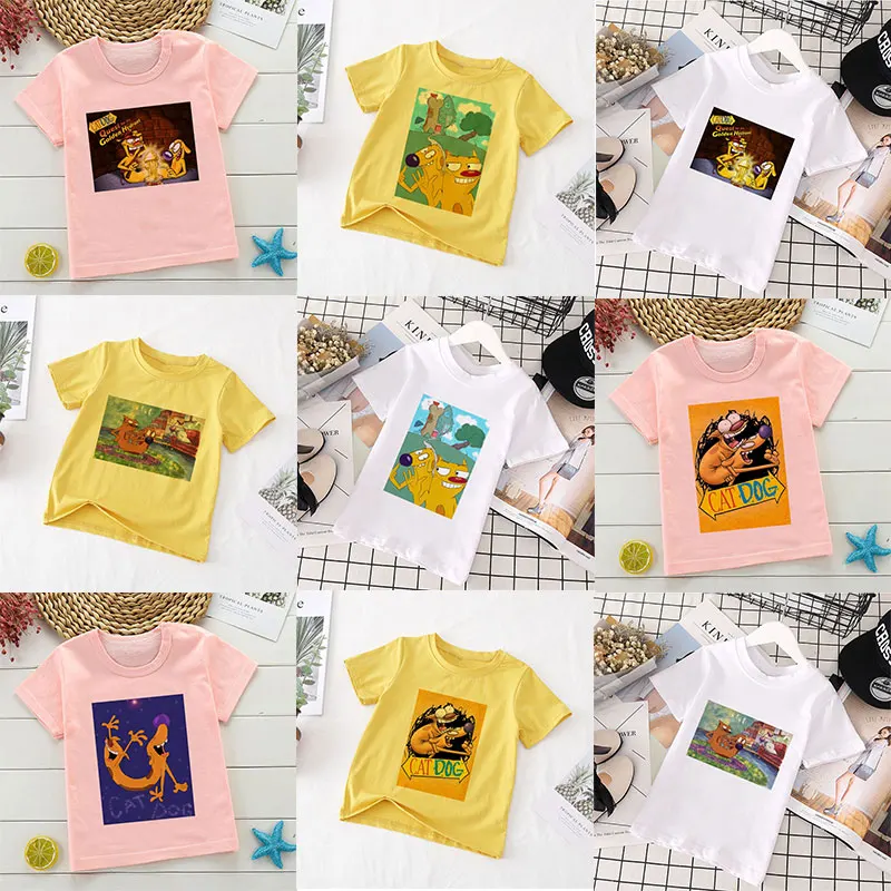 

Summer Fashion Cat Dog Print Girls T Shirt Kawaii Cartoon Fun Casual Girls Shirts Harakuku White Girl Child Tshirt Closhes Teen