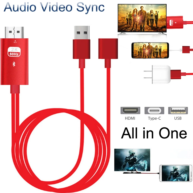 Bluetooth USB к HDMI зеркальный литой кабель аудио видео адаптер для iPhone 11 Pro iOS Android Micro Type C
