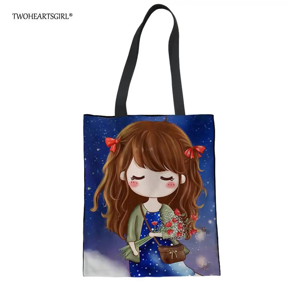 

Женская парусиновая сумка twoheart sgirl, милая Экологически чистая многоразовая сумка для покупок, складная сумка на плечо, тоут