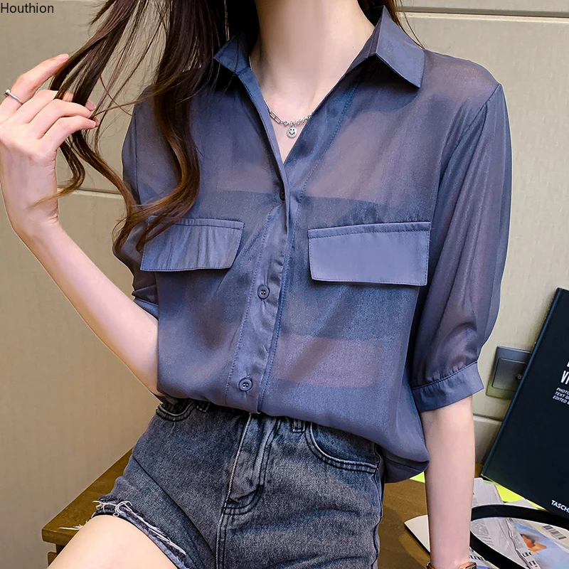 

Houthion New Short-sleeved Women's Blouse Polo Collar Fashion Tops Casual Shirt 2021 Summer Splicing Button Lady Blusas