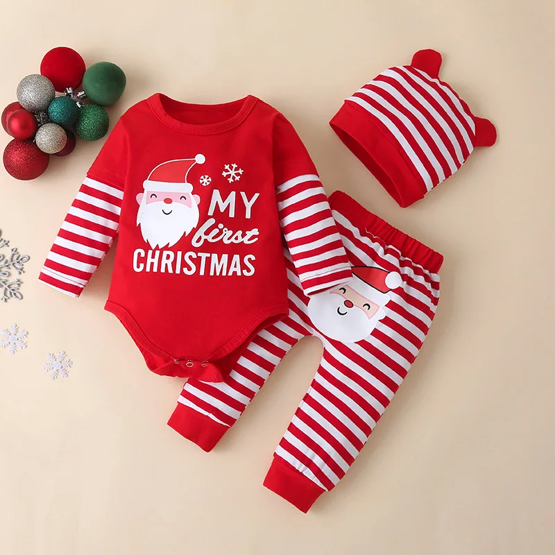 

2021 Autumn Baby Children's Christmas Long-sleeved Three-pieces Sets New Product Striped Pants Detachable Hat Toddler Girl Suit