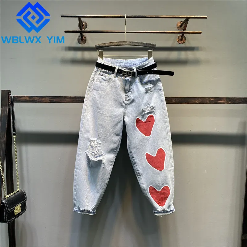 

Джинсы женские с завышенной талией, Модные свободные брюки-султанки из денима с принтом в виде сердечек, вареные, повседневные, весна-лето