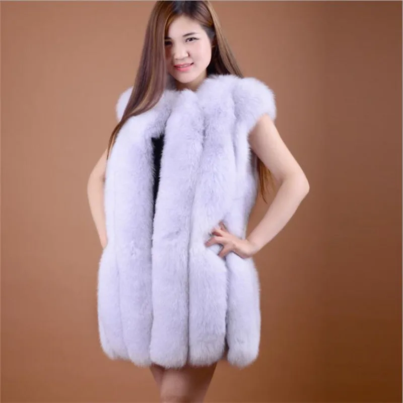 Enlarge Whole Skin Natural Real Fox Fur Vest Gilet Waistcoat Medium-long O-neck Women Sleeveless Jacket