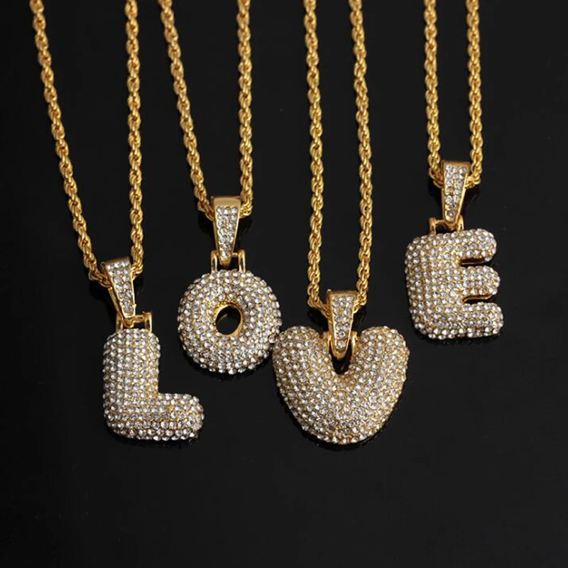 26 пузырчатых букв ожерелья с кулоном золотого цвета кубический циркон Стразы хип